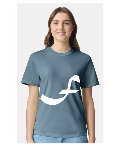 Alphabet F T-Shirt 9 inch calligraphy White ink, Ice Blue
