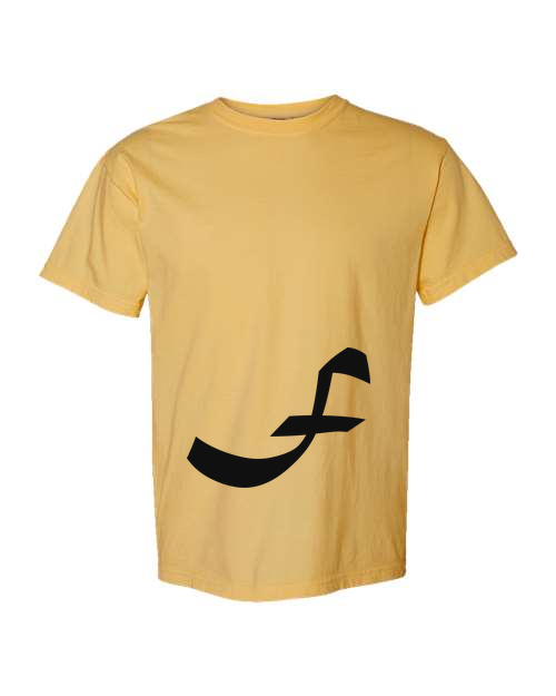 Alphabet F T-Shirt 9 inch calligraphy Black ink, Mustard