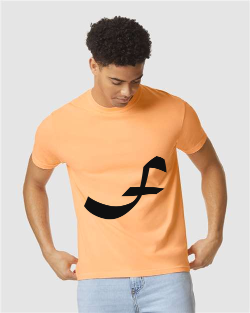 Alphabet F T-Shirt 9 inch calligraphy Black ink, Neon Cantaloupe