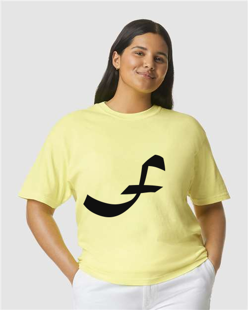 Alphabet F T-Shirt 9 inch calligraphy Black ink, Neon Lemon