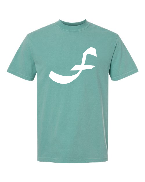 Alphabet F T-Shirt 9 inch calligraphy White ink, Seafoam