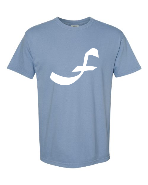 Alphabet F T-Shirt 9 inch calligraphy White ink, Washed Denim