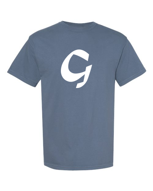 Alphabet G T-Shirt 9 inch calligraphy White ink, Blue Jean
