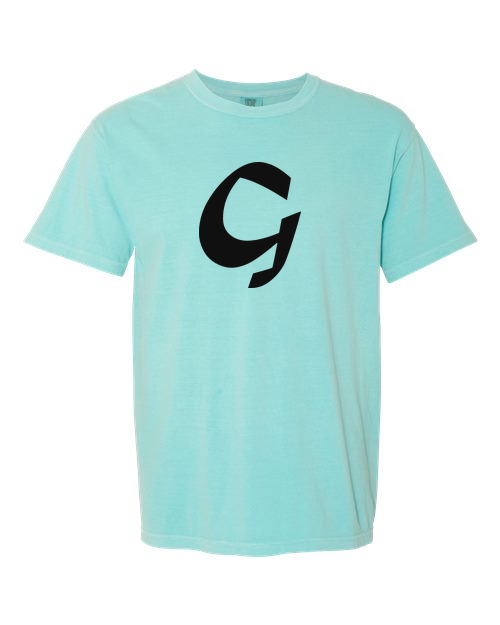 Alphabet G T-Shirt 9 inch calligraphy Black ink, Chalky Mint