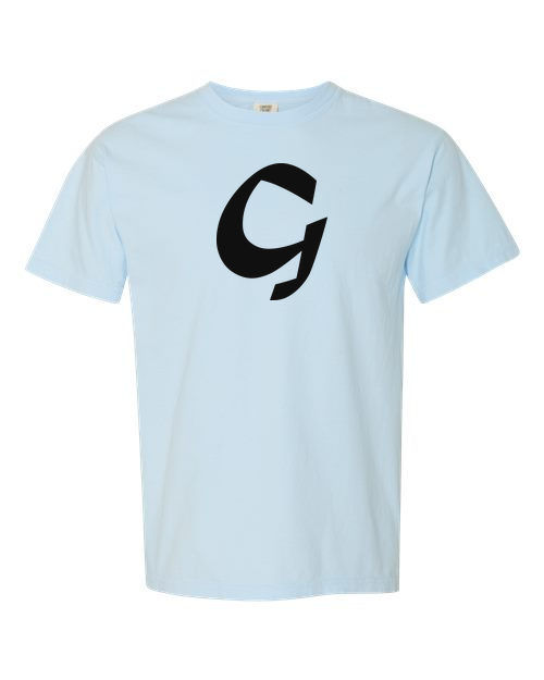 Alphabet G T-Shirt 9 inch calligraphy Black ink, Chambray
