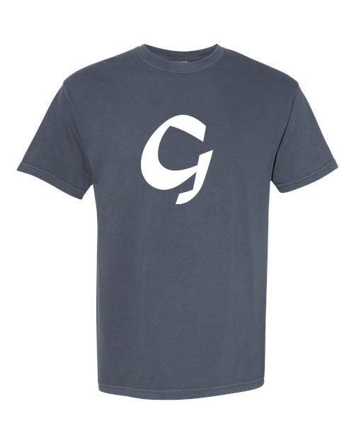 Alphabet G T-Shirt 9 inch calligraphy White ink, Denim
