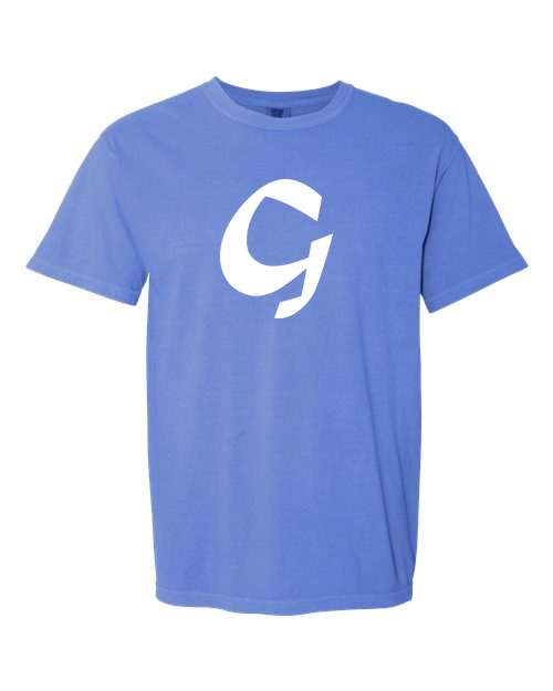 Alphabet G T-Shirt 9 inch calligraphy White ink, Flo Blue