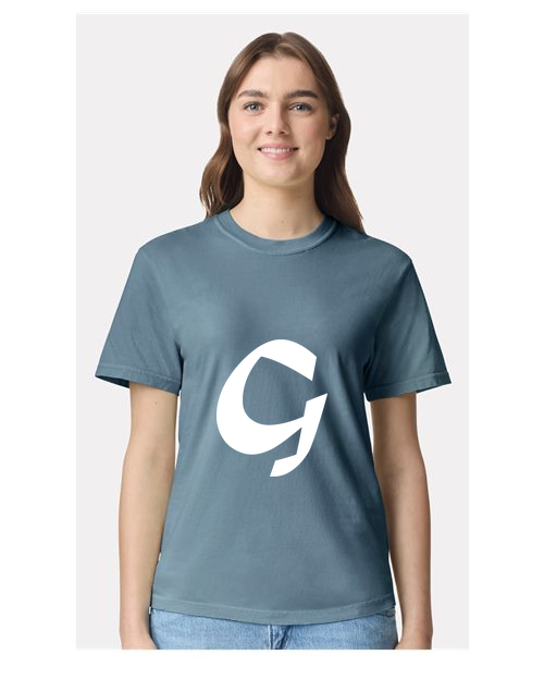 Alphabet G T-Shirt 9 inch calligraphy White ink, Ice Blue