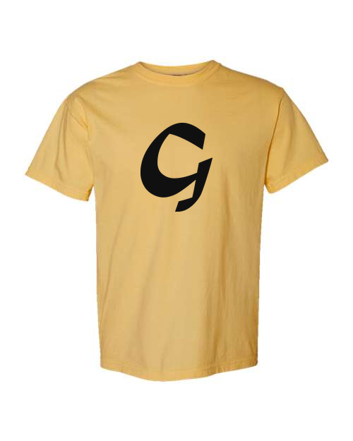 Alphabet G T-Shirt 9 inch calligraphy Black ink, Mustard