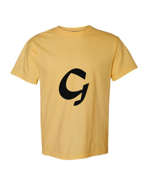 Alphabet G T-Shirt 9 inch calligraphy Black ink, Mustard