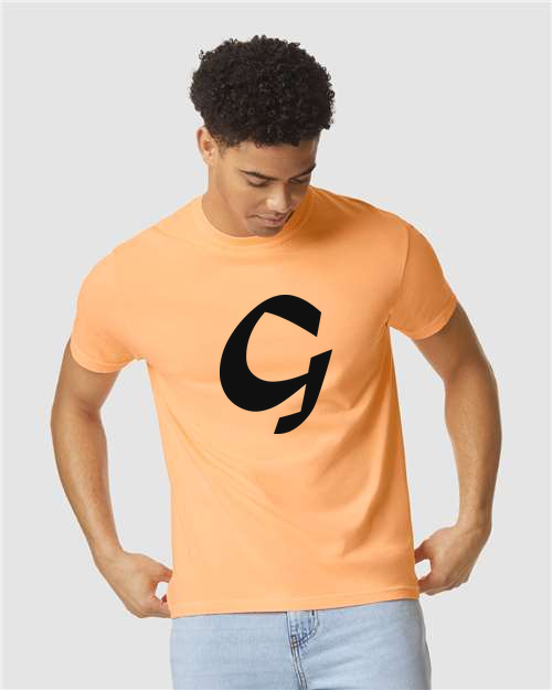 Alphabet G T-Shirt 9 inch calligraphy Black ink, Neon Cantaloupe