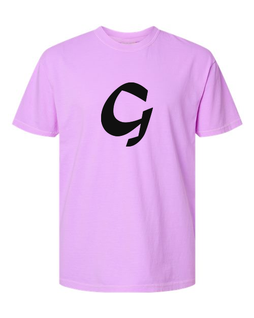 Alphabet G T-Shirt 9 inch calligraphy Black ink, Neon Violet