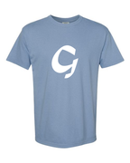 Alphabet G T-Shirt 9 inch calligraphy White ink, Washed Denim