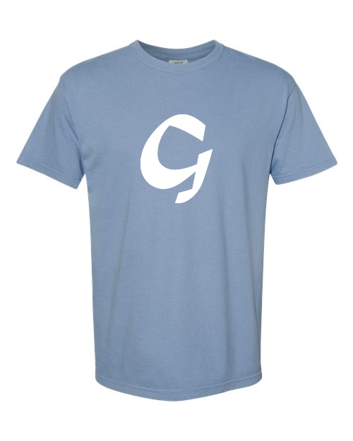 Alphabet G T-Shirt 9 inch calligraphy White ink, Washed Denim