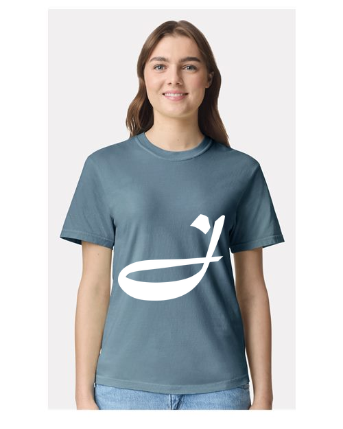 Alphabet J T-Shirt 9 inch calligraphy White ink, Ice Blue