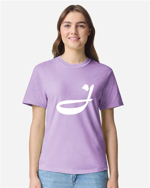 Alphabet J T-Shirt 9 inch calligraphy Black ink, Orchid