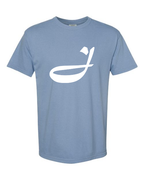 Alphabet J T-Shirt 9 inch calligraphy White ink, Washed Denim