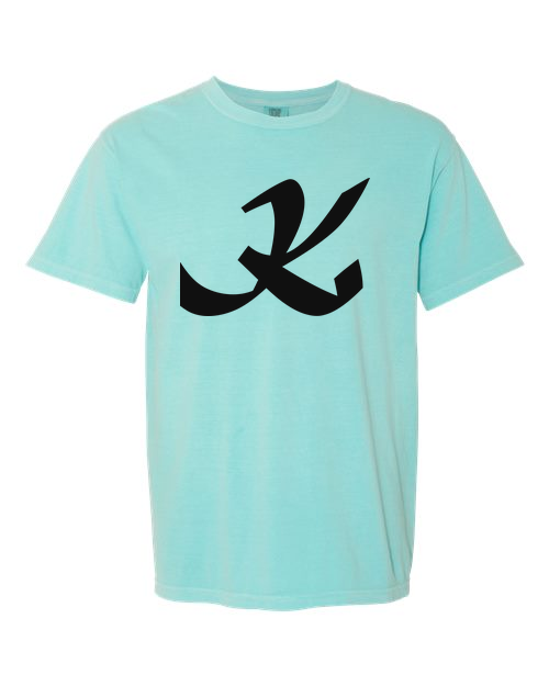 Alphabet K T-Shirt 9 inch calligraphy Black ink, Chalky Mint