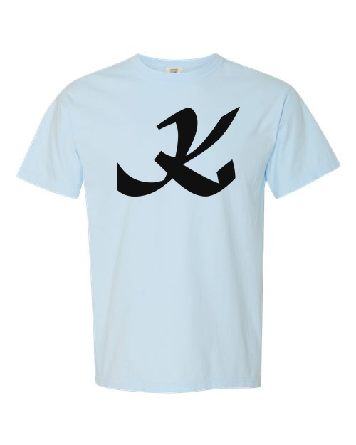 Alphabet K T-Shirt 9 inch calligraphy Black ink, Chambray