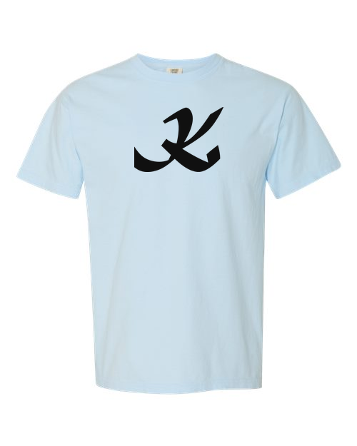 Alphabet K T-Shirt 9 inch calligraphy Black ink, Chambray