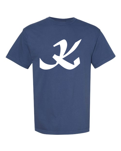 Alphabet K T-Shirt 9 inch calligraphy White ink, China Blue