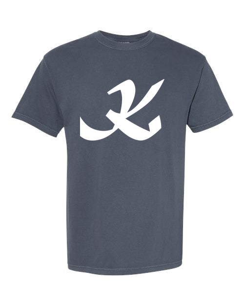 Alphabet K T-Shirt 9 inch calligraphy White ink, Denim