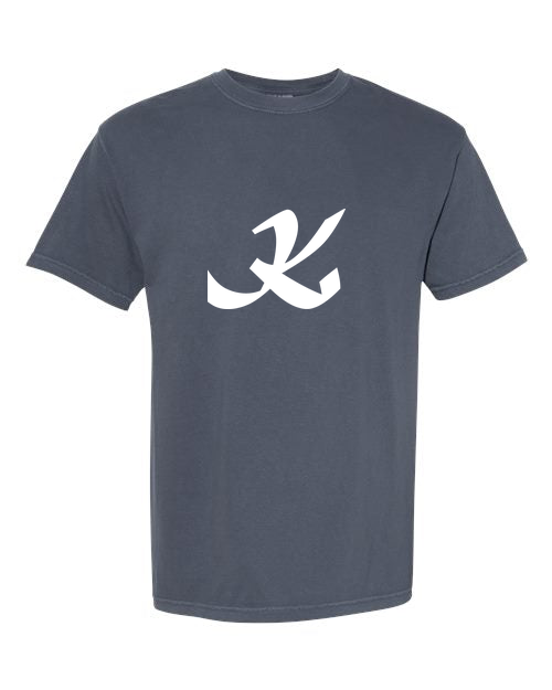 Alphabet K T-Shirt 9 inch calligraphy White ink, Denim