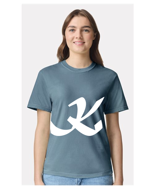 Alphabet K T-Shirt 9 inch calligraphy White ink, Ice Blue