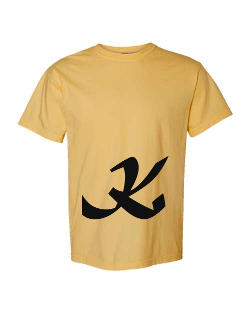 Alphabet K T-Shirt 9 inch calligraphy Black ink, Mustard