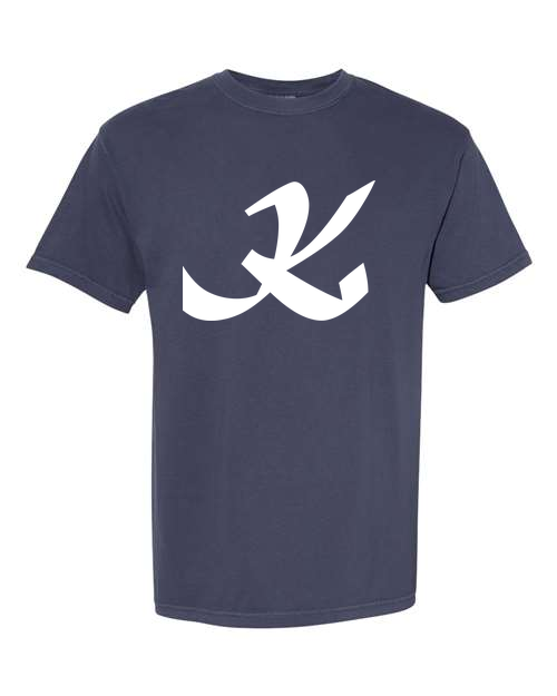 Alphabet K T-Shirt 9 inch calligraphy White ink, Navy