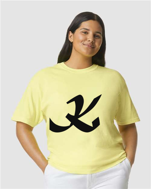 Alphabet K T-Shirt 9 inch calligraphy Black ink, Neon Lemon