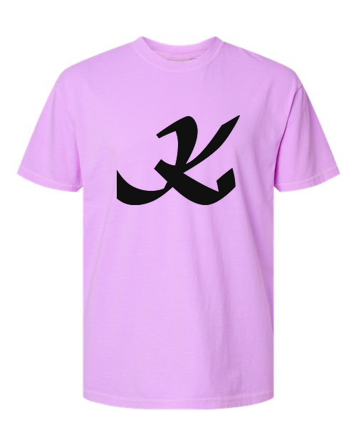 Alphabet K T-Shirt 9 inch calligraphy Black ink, Neon Violet