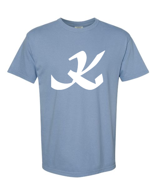 Alphabet K T-Shirt 9 inch calligraphy White ink, Washed Denim