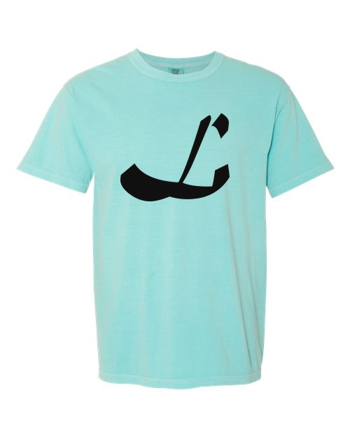 Alphabet L T-Shirt 9 inch calligraphy Black ink, Chalky Mint