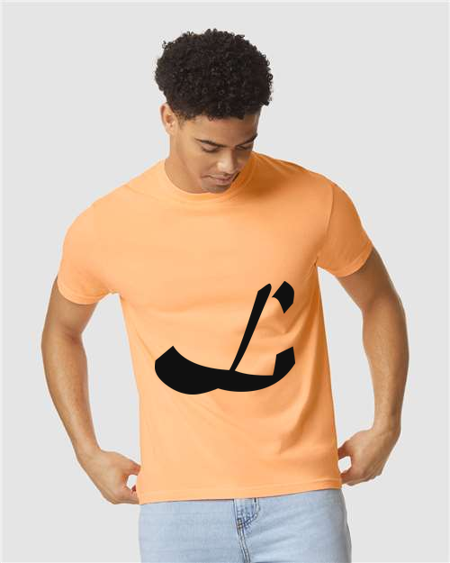 Alphabet L T-Shirt 9 inch calligraphy Black ink, Neon Cantaloupe