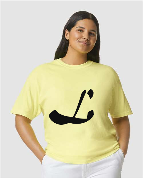 Alphabet L T-Shirt 9 inch calligraphy Black ink, Neon Lemon