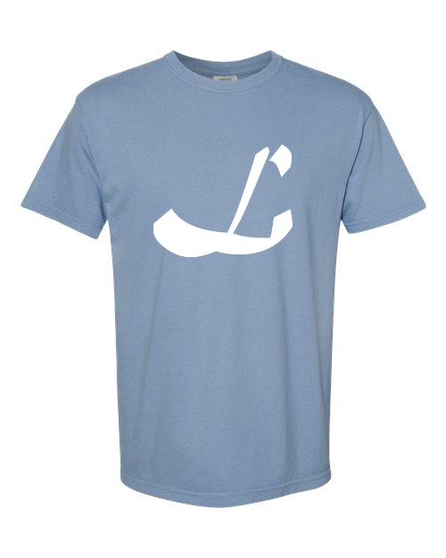 Alphabet L T-Shirt 9 inch calligraphy White ink, Washed Denim