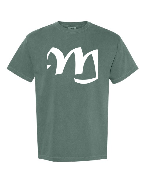 Alphabet M T-Shirt 9 inch calligraphy White ink, Blue Spruce