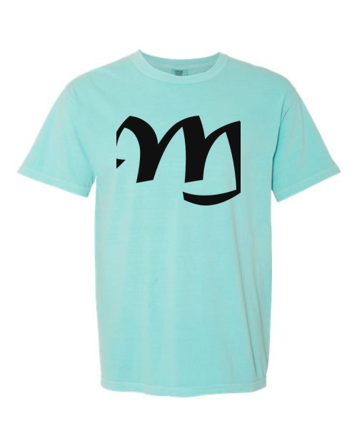 Alphabet M T-Shirt 9 inch calligraphy Black ink, Chalky Mint