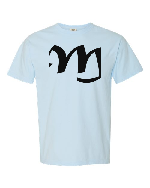 Alphabet M T-Shirt 9 inch calligraphy Black ink, Chambray