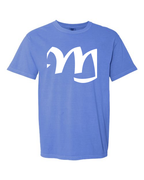 Alphabet M T-Shirt 9 inch calligraphy White ink, Flo Blue