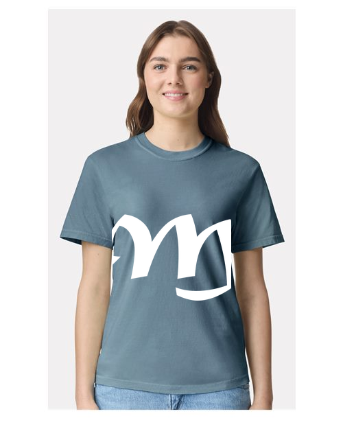 Alphabet M T-Shirt 9 inch calligraphy White ink, Ice Blue