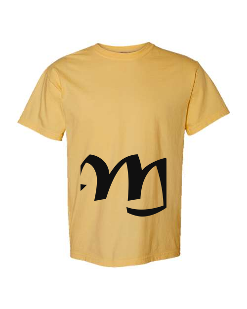 Alphabet M T-Shirt 9 inch calligraphy Black ink, Mustard