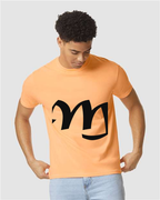 Alphabet M T-Shirt 9 inch calligraphy Black ink, Neon Cantaloupe