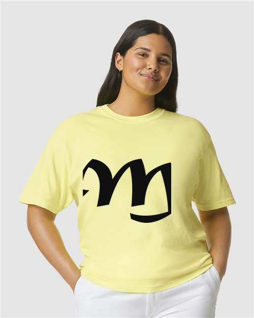 Alphabet M T-Shirt 9 inch calligraphy Black ink, Neon Lemon