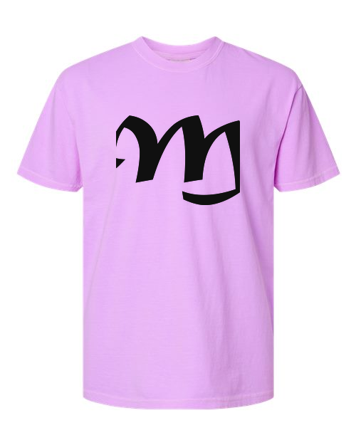 Alphabet M T-Shirt 9 inch calligraphy Black ink, Neon Violet