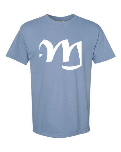 Alphabet M T-Shirt 9 inch calligraphy White ink, Washed Denim