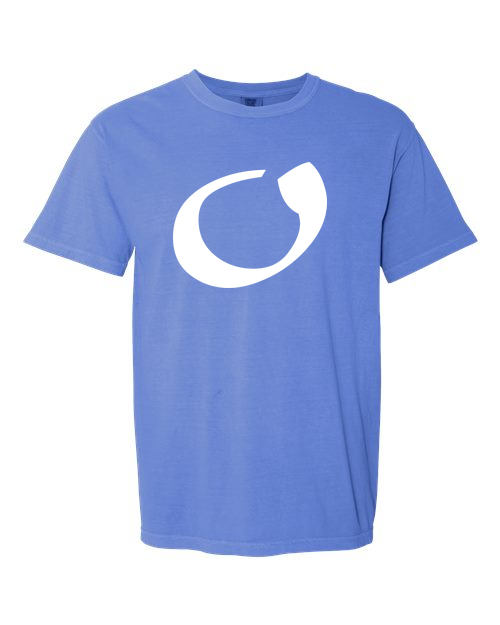 Alphabet O T-Shirt 9 inch calligraphy White ink, Flo Blue