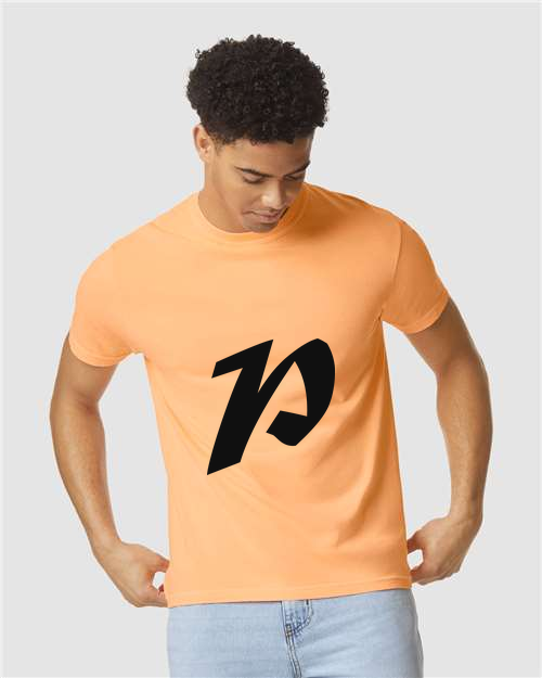 Alphabet P T-Shirt 9 inch calligraphy Black ink, Neon Cantaloupe
