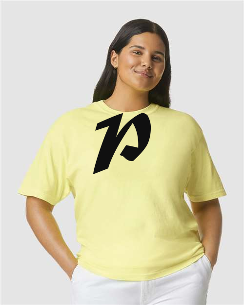 Alphabet P T-Shirt 9 inch calligraphy Black ink, Neon Lemon